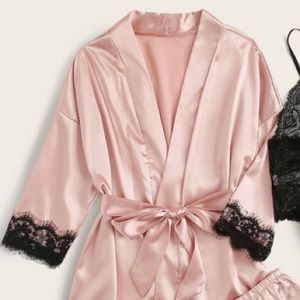 Floral Lace Pants With Satin Belted Robe